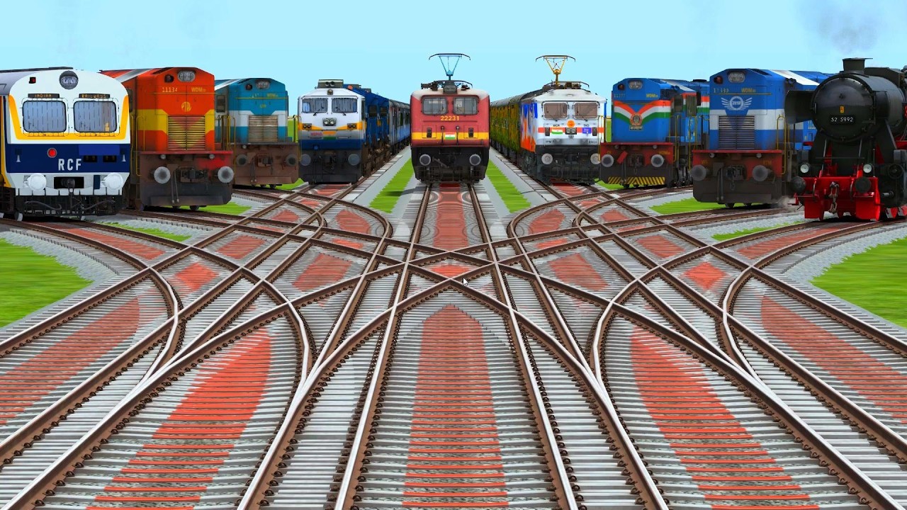 ⭕️9 Trains Crossing At Bumpy Curves Railroad || train simulator | train game train game video