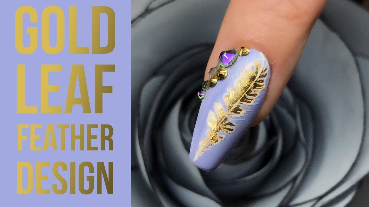 Feather Nail Art Design Using Gold Foil Leaf with a Bit of Bling