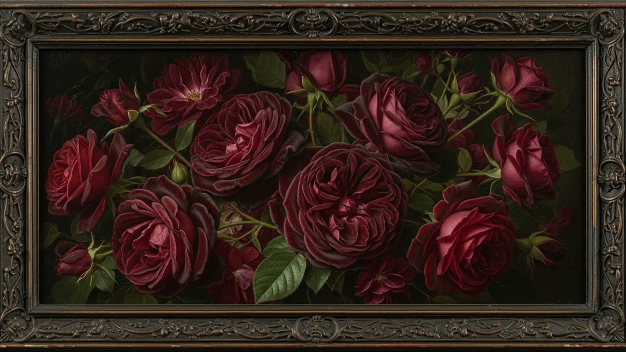 Framed TV Art Screensaver | Dark Red Vintage Roses with Antique Frame | 8 Hours