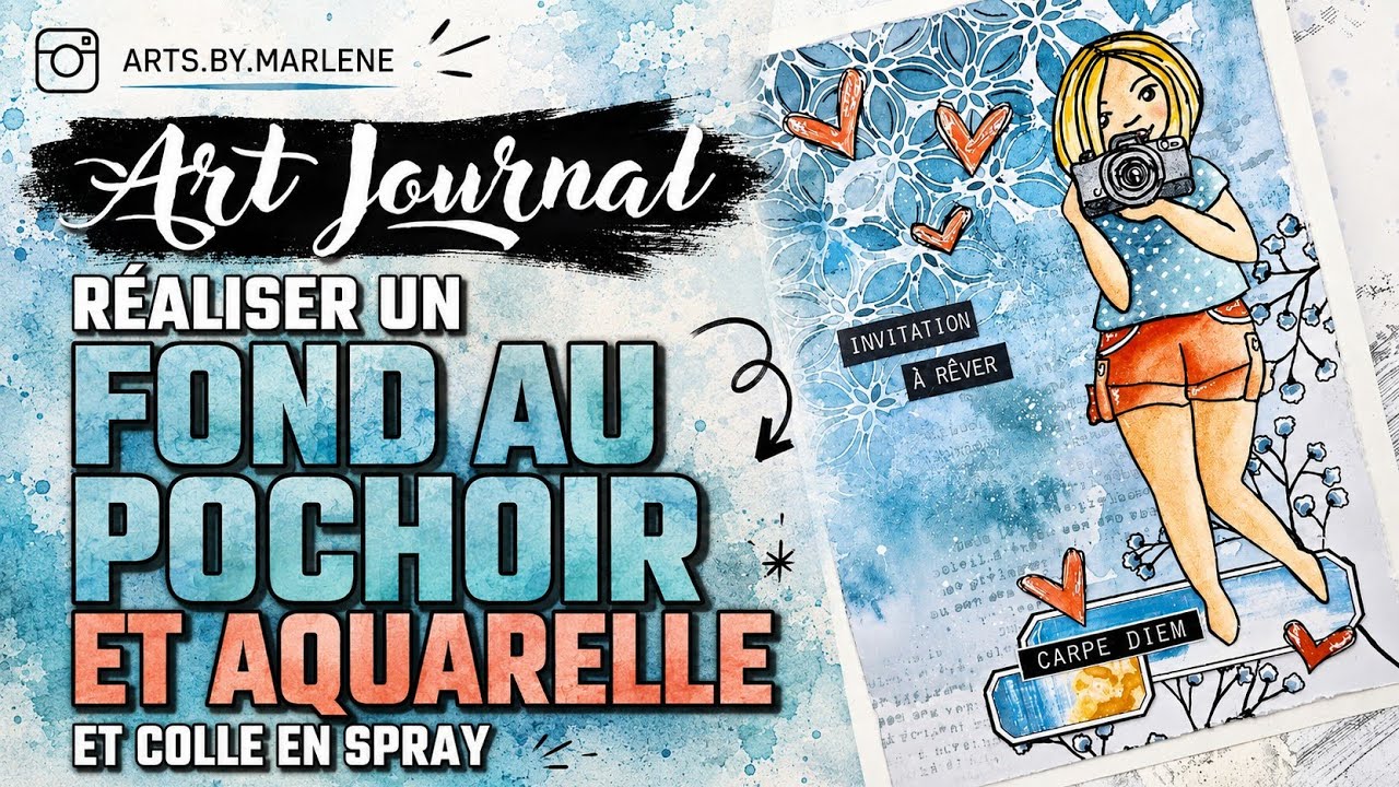 ASTUCE!!!! Réaliser un fond avec pochoir, aquarelle et colle en Spray avec l'encre et l'image