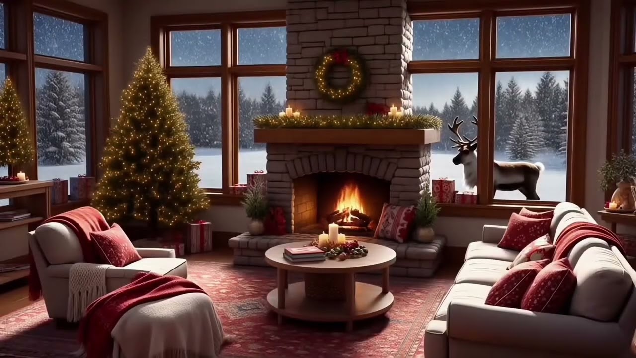 Cozy Fireplace Living Room with Snow ❄️ Fire & Wind Sounds for Relaxation & Sleep