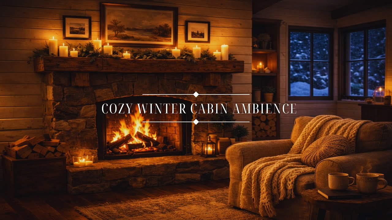 Cozy Fireplace Ambience 3 Hours | 4K Winter Cabin with Crackling Fire & Snow