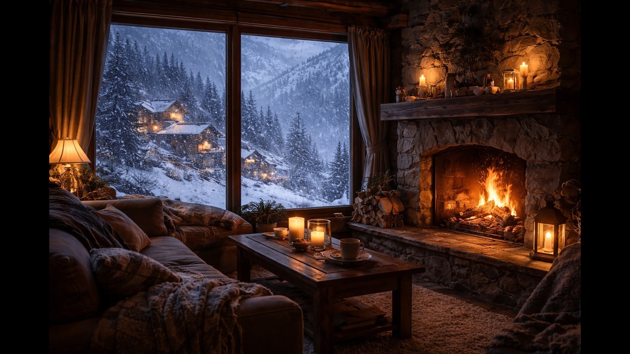 Blizzard Night in a Cozy Cabin | Crackling Fire & Snowstorm Sounds for Sleep and Deep Relaxation