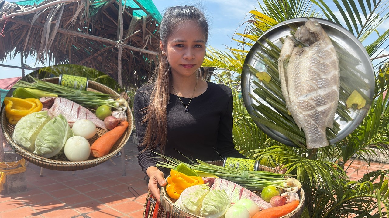 ត្រីចំហុយមីសួរ ហូបជុំគ្រួសារកកក្តៅ! Steamed fish noodles Eating sweet family meals!