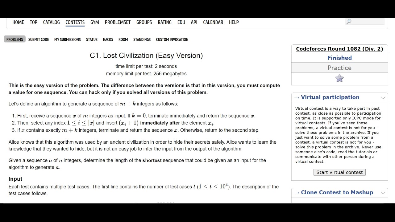 C1. Lost Civilization (Easy Version) | Codeforces Round 1082 (Div. 2)