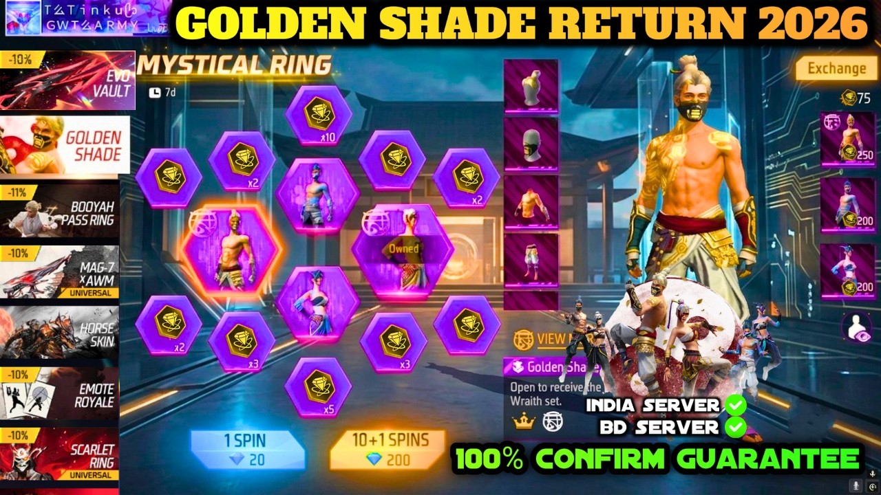 GOLDEN SHADE BUNDLE RETURN 2026 CONFIRM DATE | FREE FIRE NEXT UNIVERSAL RING TOKEN EVENT KAB AAYEGA