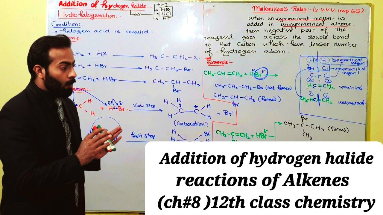 Reactions of Alkenes | Addition of hydrogen halide | ch#8 | 12th class chemistry