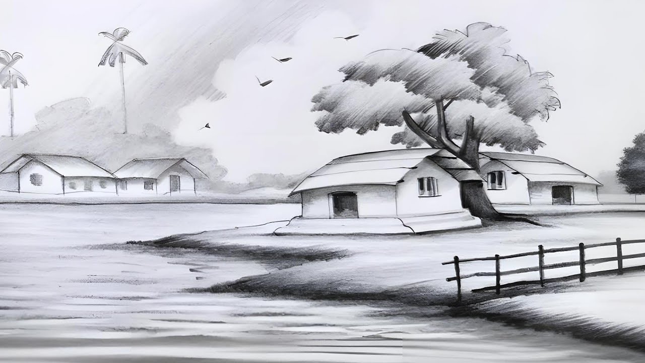 শরৎকালের দৃশ্য আঁকা/গ্রামের দৃশ্য/riverside village scene drawing and shading with grade pencils 