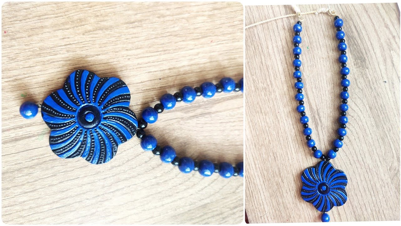 How to make terracotta jewelry - terracotta necklace - dark set ( blue & black)