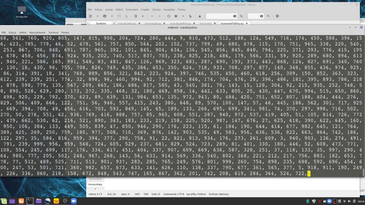 python 8   generowanie tablicy zawierającej losowe liczby, funkcja randint (import random)