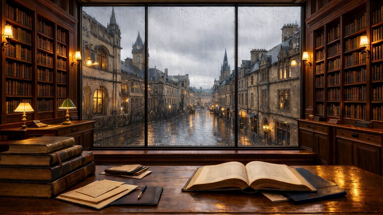 Cozy Library Rain View 📚🌧️ | 3 Hours of Relaxing Ambience for Reading, Sleep & Focus