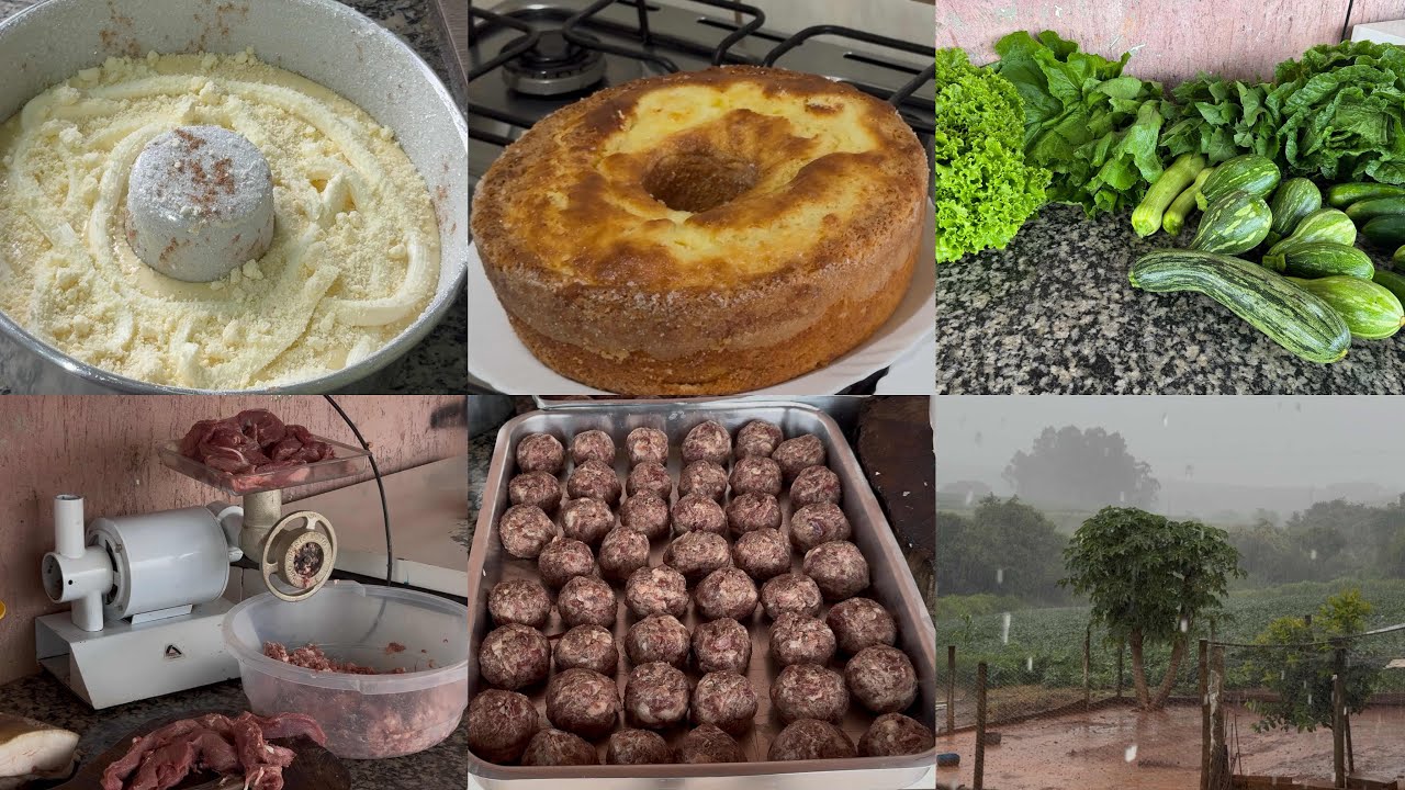 Fiz almôndega de carne de javali// dia chuvoso + bolo de fubá  / colheita na horta 