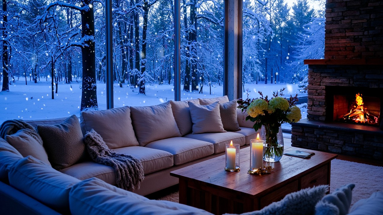 Winter Piano Music in a Bright White Room with Snow Falling Outside the Window & Cozy Fireplace