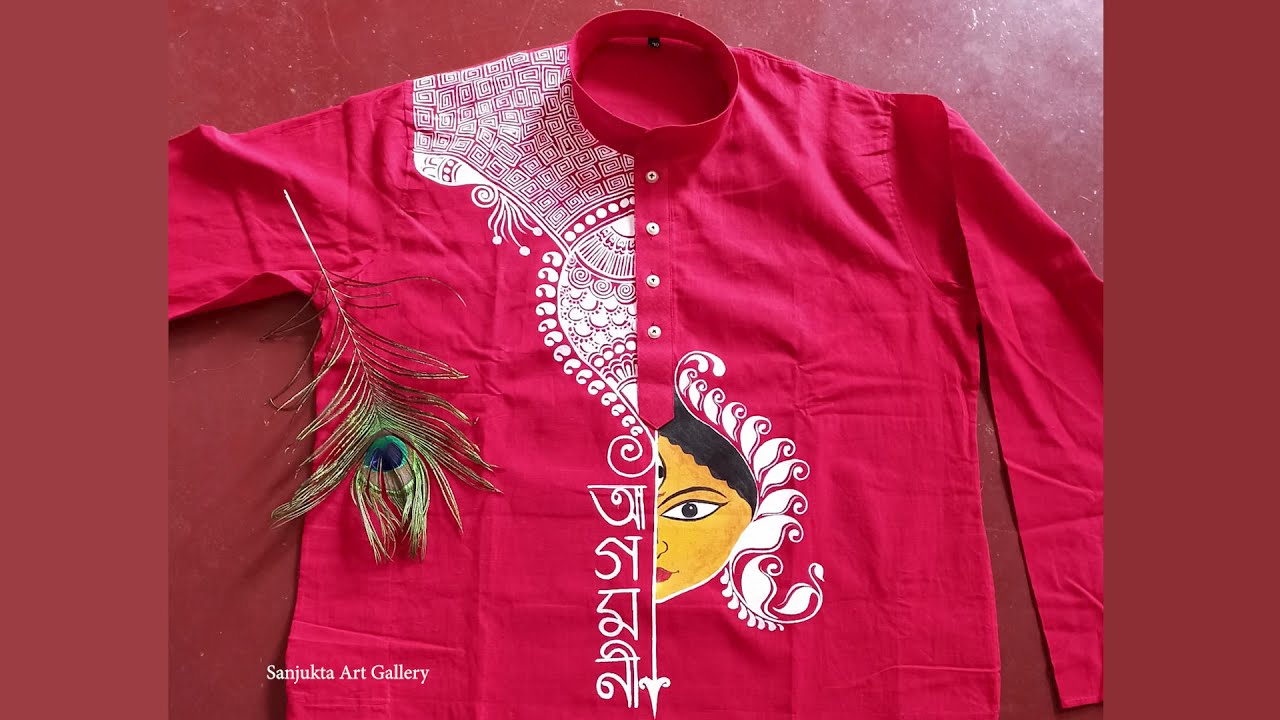 Fabric work on punjabi/Punjabi design with acrylic/How to make hand printed design on cotton punjabi
