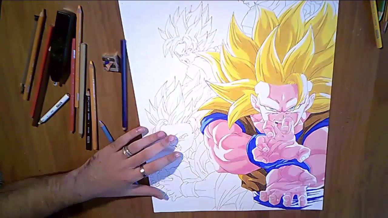 Speed drawing Goku normal to SSJ3 Kamehameha.