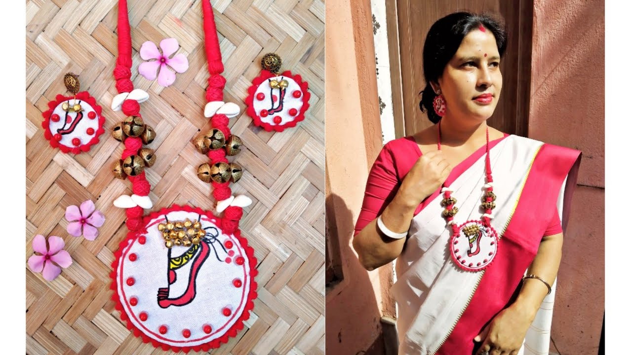 Hand craft Handpainted fabric jewellery | Necklace Making for Durga puja fabric jewellery |