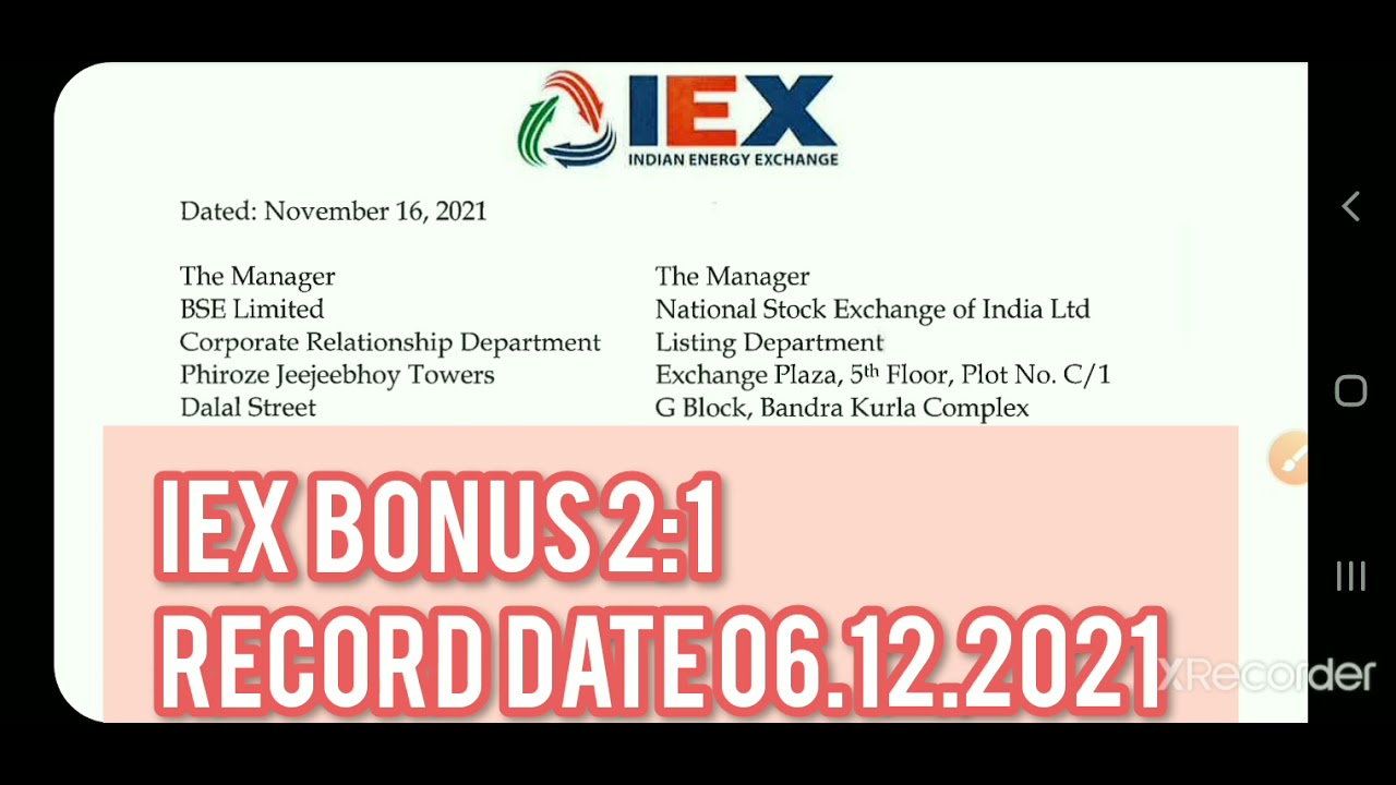 IEX BONUS SHARE RECORD DATE ANNOUNCEMENT. Indian energy exchange.