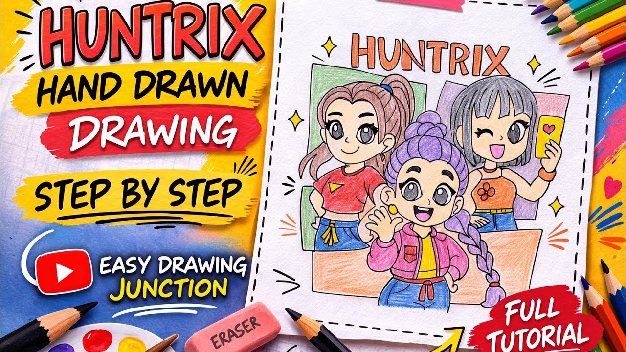 HUNTRIX Cute Girls Drawing | Easy Step by Step Cartoon Drawing for Beginners