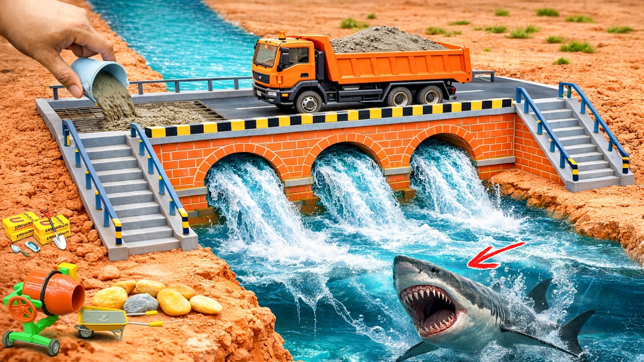 DIY Mini Brick Bridge Over a River with Powerful Water Drainage! @MinMinTractor