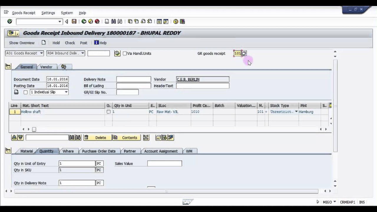 How to do goods Receipt wrt an Inbound Delivery - SAP Supply Chain Management Basic Videos