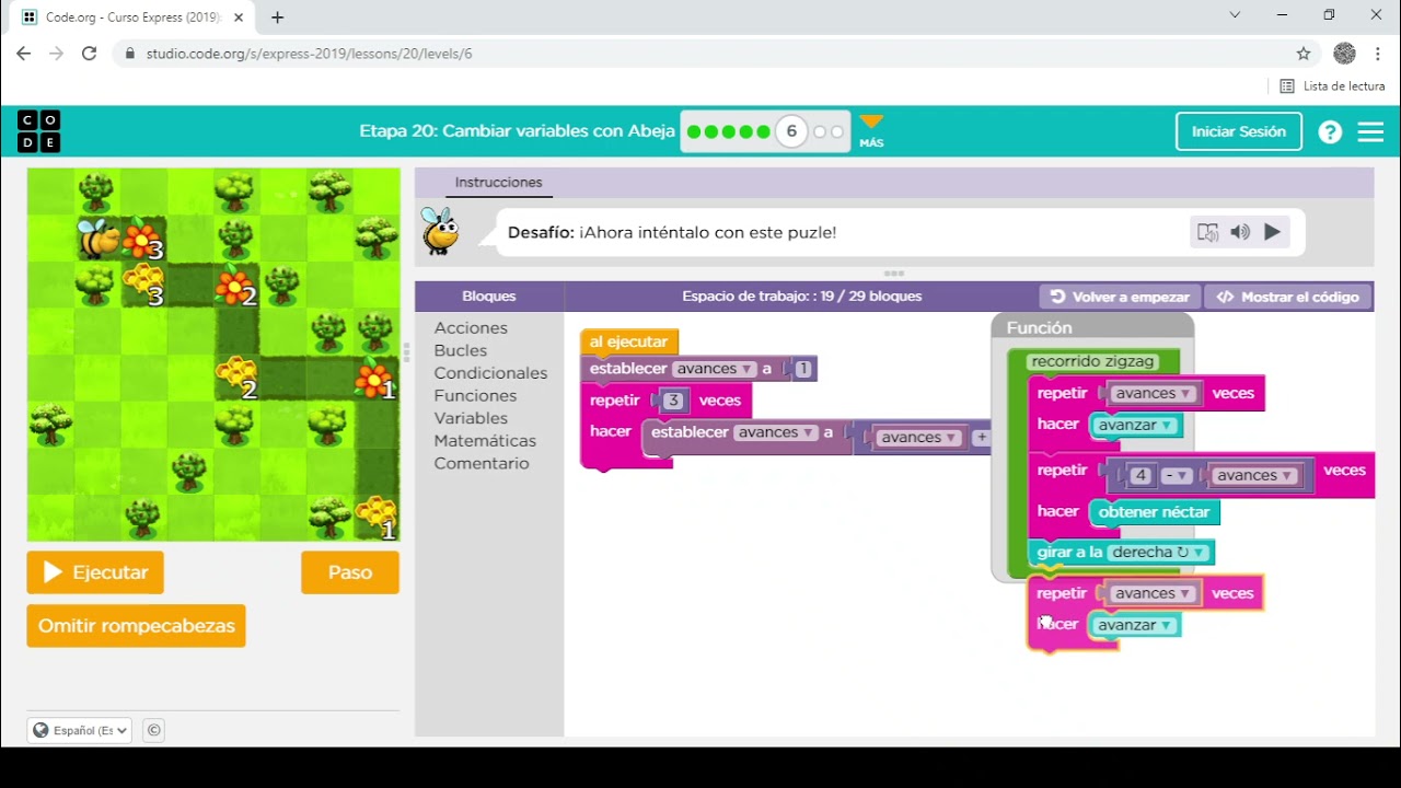Code.org - Curso Express (2019): Etapa 20 Cambiar variables con Abeja