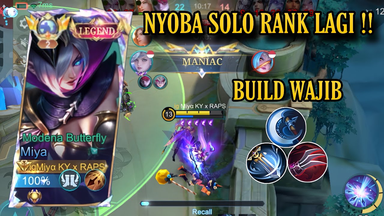 GAMEPLAY SOLO TOP GLOBAL 2 MIYA | DAPAT MANIAC LAGI | CRITICAL BUILD - MOBILE LEGENDS