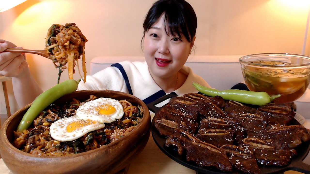 LA갈비 비빔밥 시원한 열무물김치 왕오이고추 집밥 한식 먹방 LA Galbi Koreanfood Bibimbap Kimchi Mukbang Eatingsound
