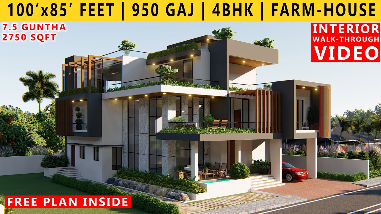 100' x 85' FEET HOUSE PLAN DESIGN | 4BHK BUNGALOW  | 950 GAJ | 8500 SQFT FARMHOUSE | 3D WALKTHROUGH