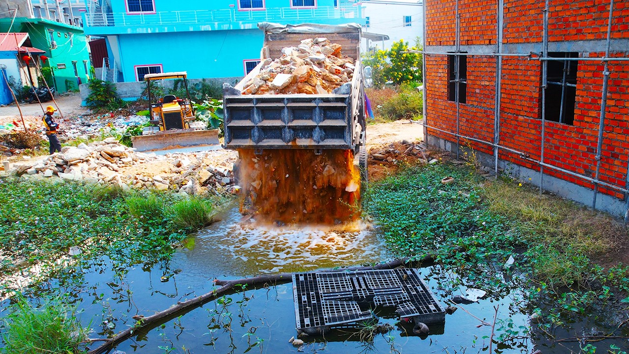 Wonderful New Project Mix! Landfill Delete Flooded Pond by Skills Dozer Pushing Stone Into Water