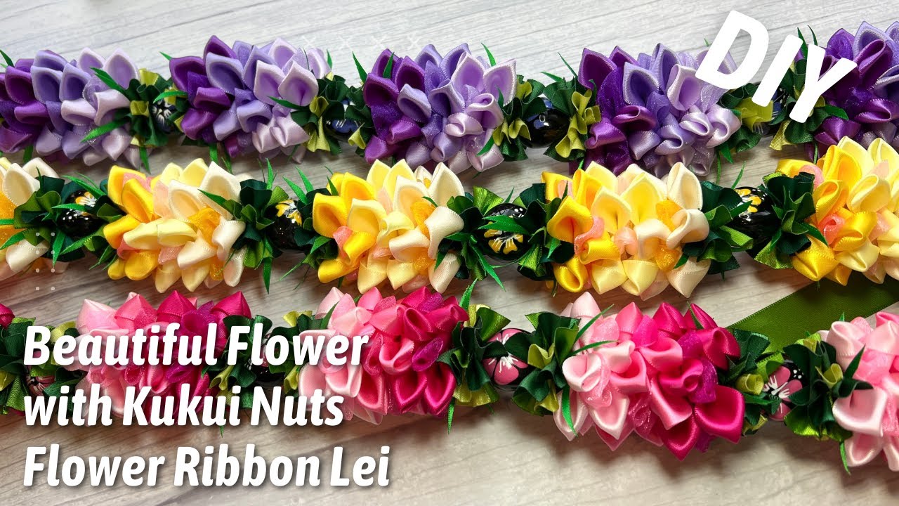 How To Make This Purple Flower with Kukui Nuts Flower Ribbon Lei