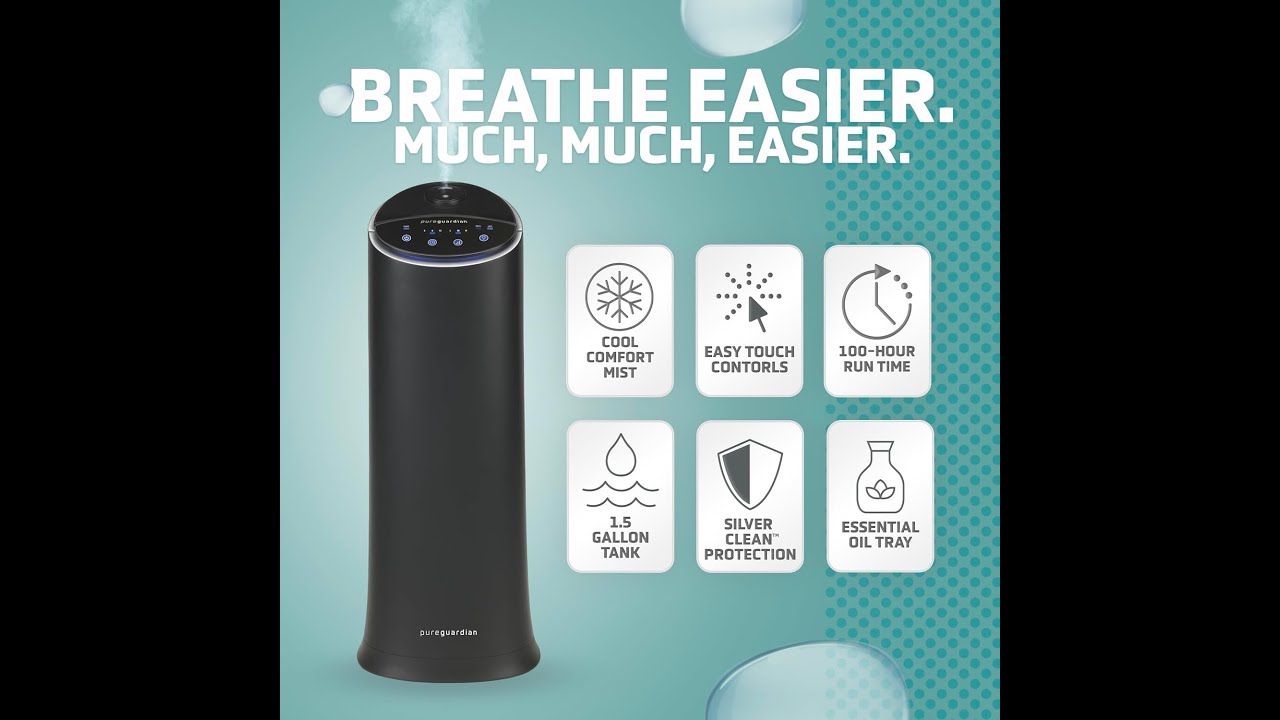 PureGuardian Ultrasonic Cool Mist Humidifier, 100 Hrs. Run Time, 1.5 Gallon Tank