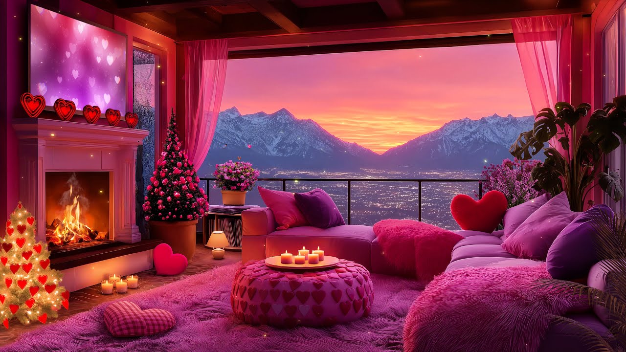 🎶 Romantic Jazz Vibes 💖 Cozy Pink Fireplace Room with Hearts Decor & Valentine Sunset Ambience