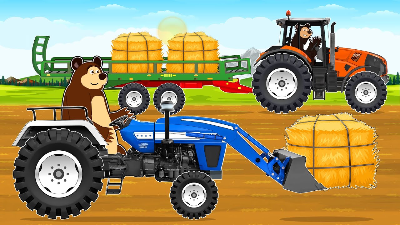 Tractors Pick Up Hay Bale Stack Tied with Rope | Farm Work Animation
