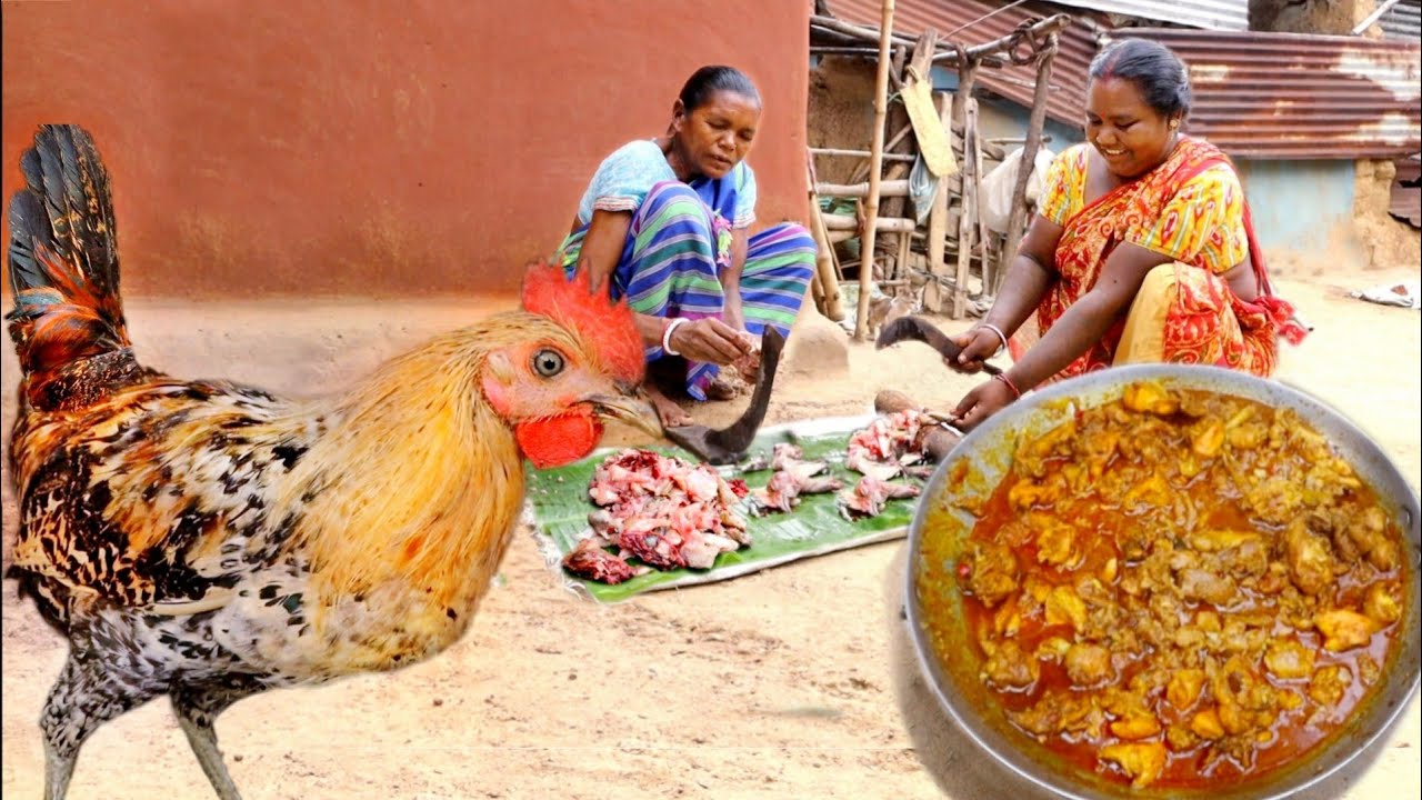 Original COUNTRY CHICKEN cutting and cooking delicious chicken curry recipe by santali tribe women
