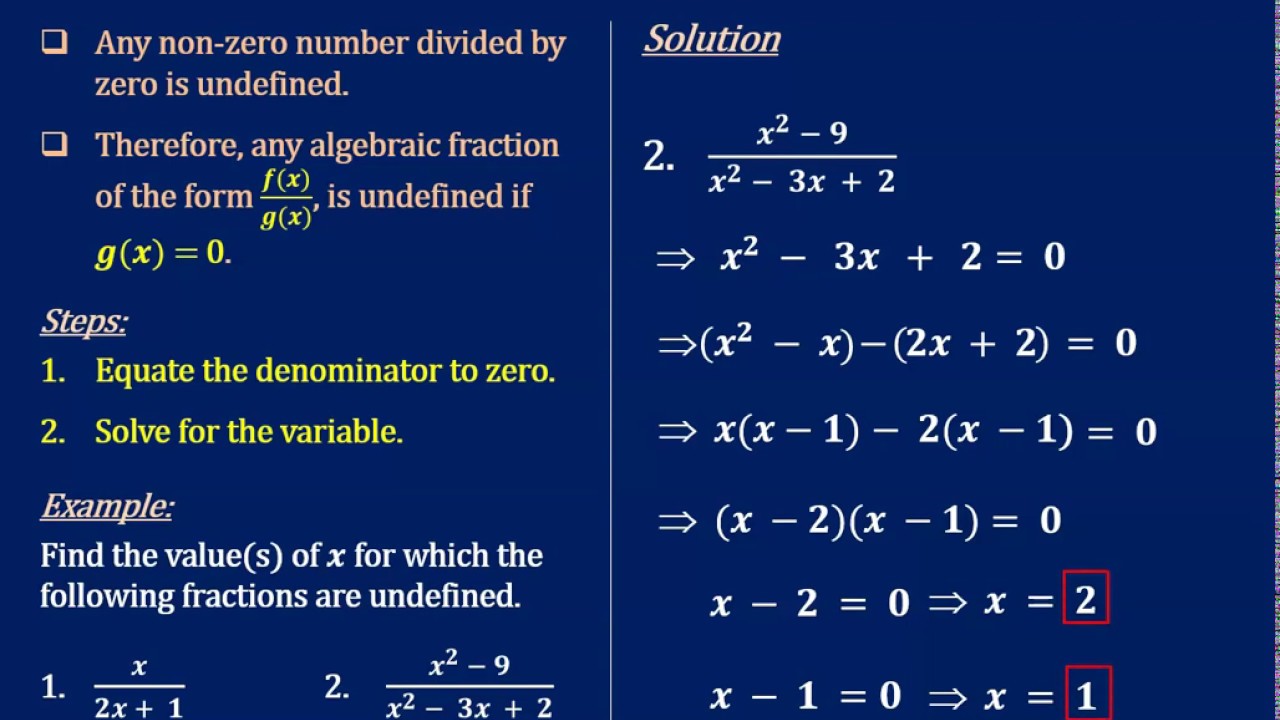 Zero and Undefined Algebraic Fractions