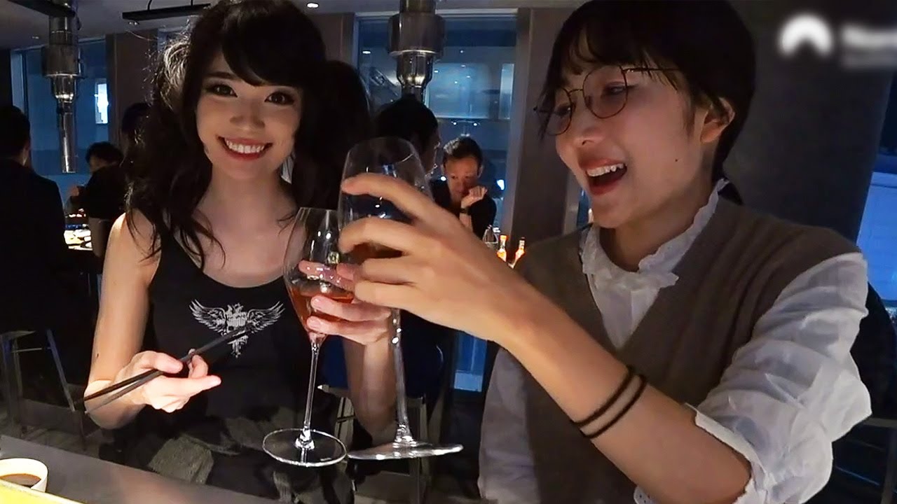 Emiru and Tanuki Drinking Wine And Eating Wagyu In Japan