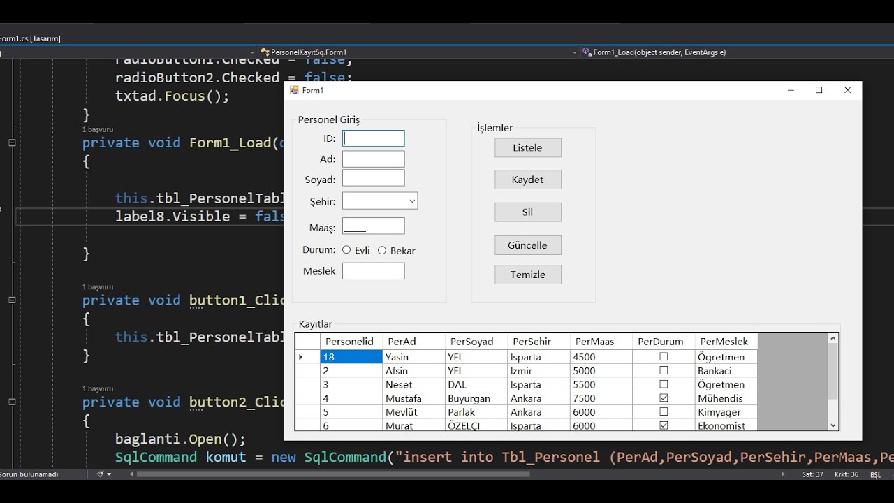 C# Personel Takip Örneği SQL- Insert-Delete-Update Komutları