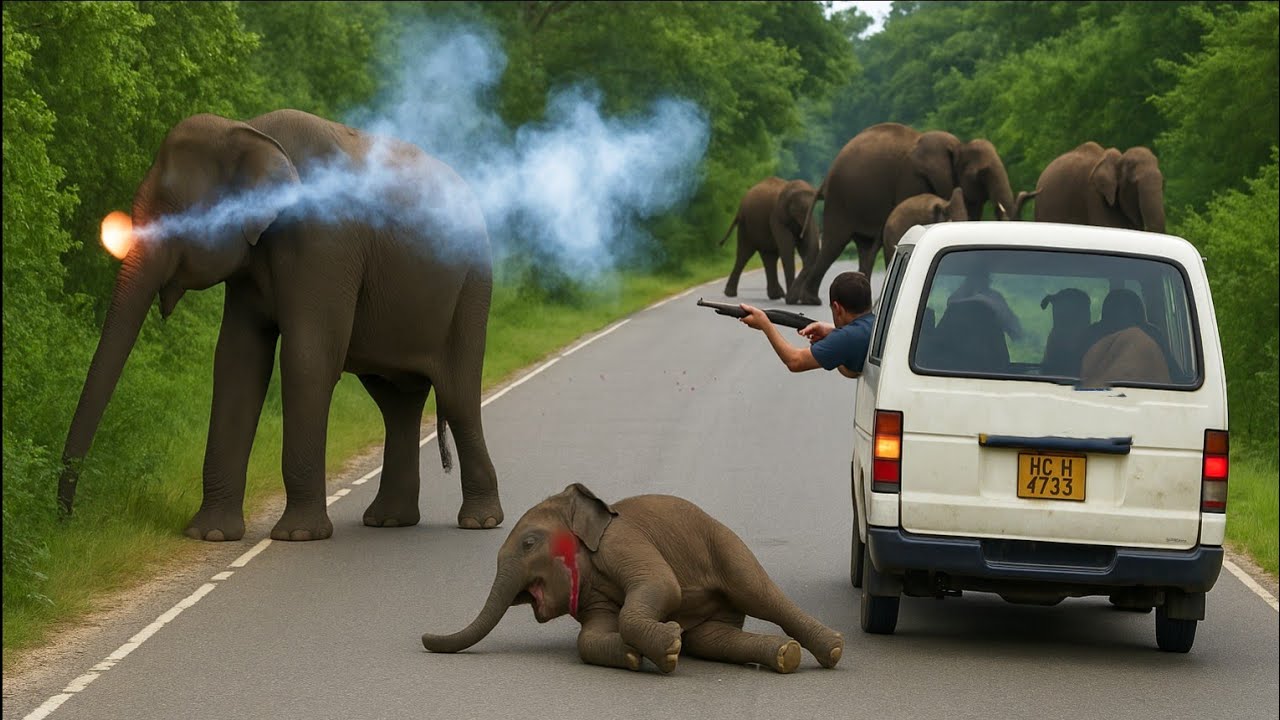 Wild elephants confront van on highway💔😱|أفيال برية تواجه شاحنة على الطريق السريع