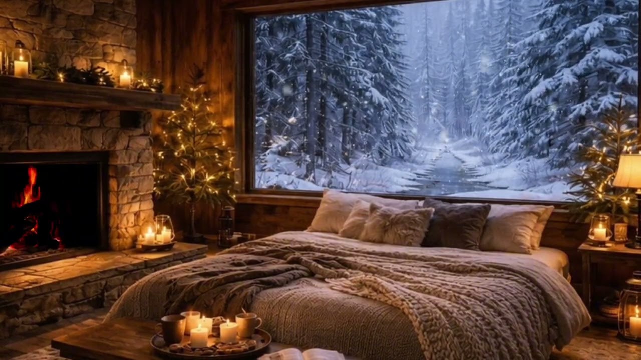 Cozy Cabin Fireplace at Night | Snowfall Outside | Sleep & Relax