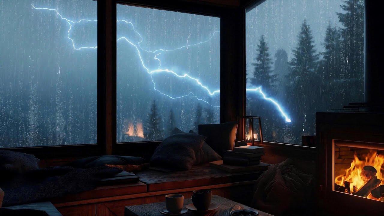 Thunderstorm Outside • Rain, Lightning & Cozy Fireplace Ambience
