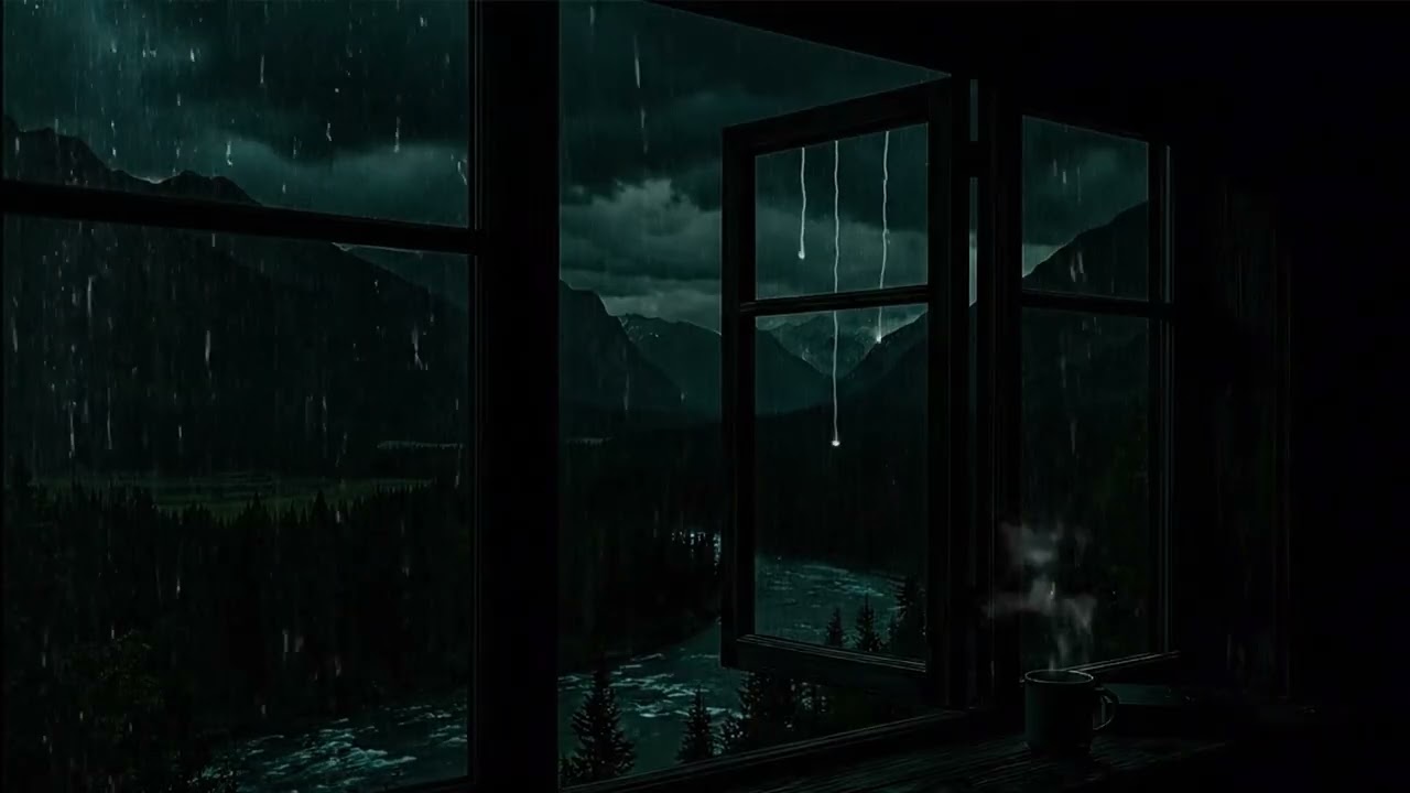 Rain lashes a dark forest cabin, fireplace flickers warmly. A cozy study sanctuary awaits.