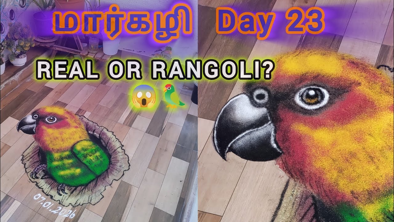 Day 23 Rangoli 😱 Parrot Coming Out of Earth | 3D Illusion Rangoli Art | Satisfying Video