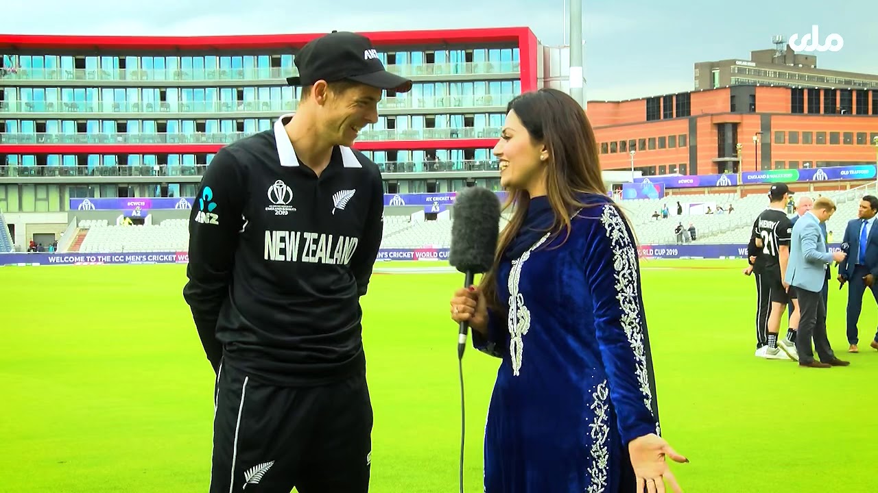 Diva Patang with Mitchell Santner after New Zealand winning Semi-Final