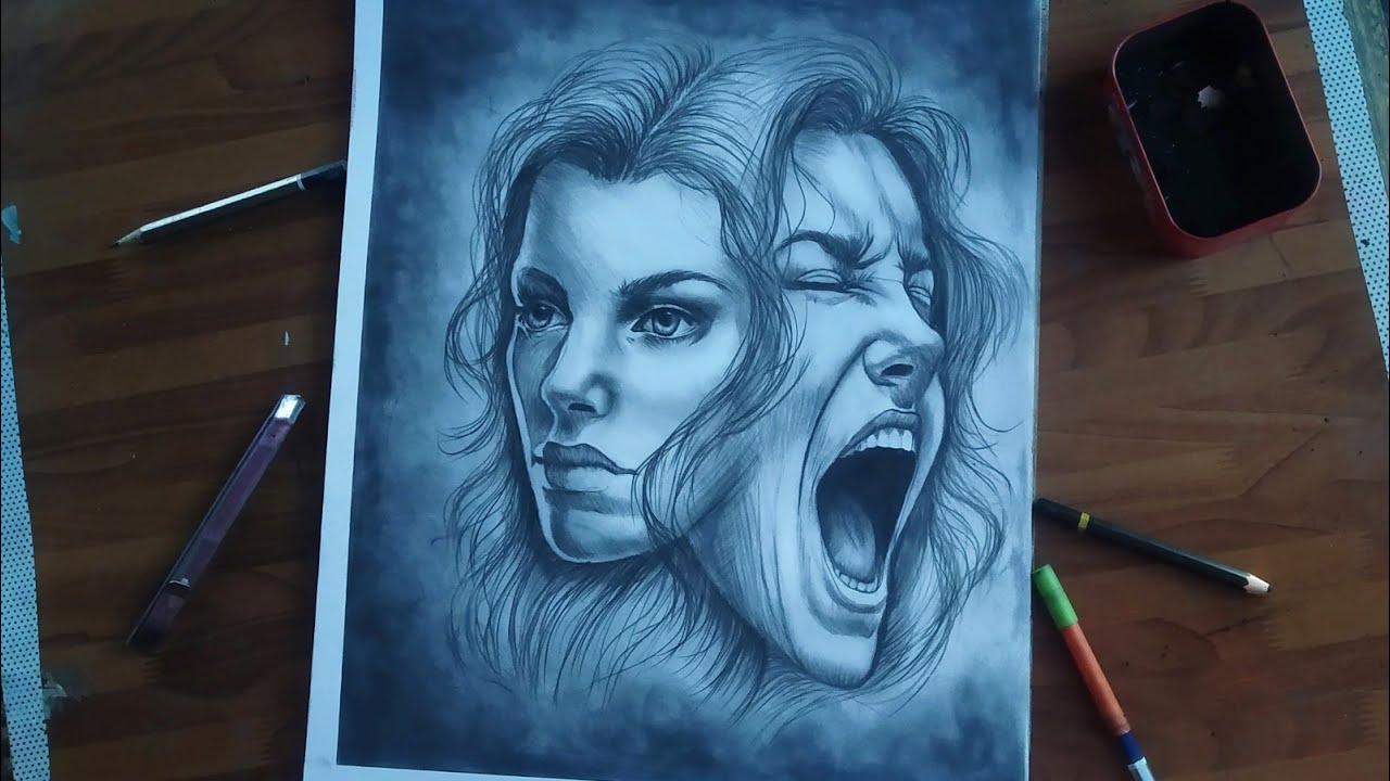 Dual faces  charcoal on paper@kingkaiser695 follow us for more video