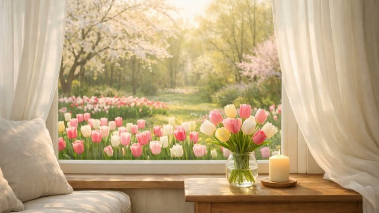 Spring Tulip Window Ambient Music and Gentle Birds | Peaceful Garden View (3 Hours)