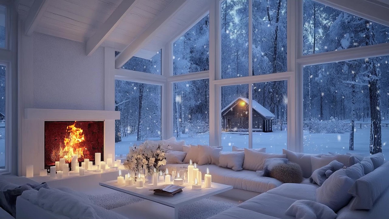 🎹❄️Warm White Lounge Piano | Fireplace Glow & Gentle Snowfall | Deep Relax Study Relaxation