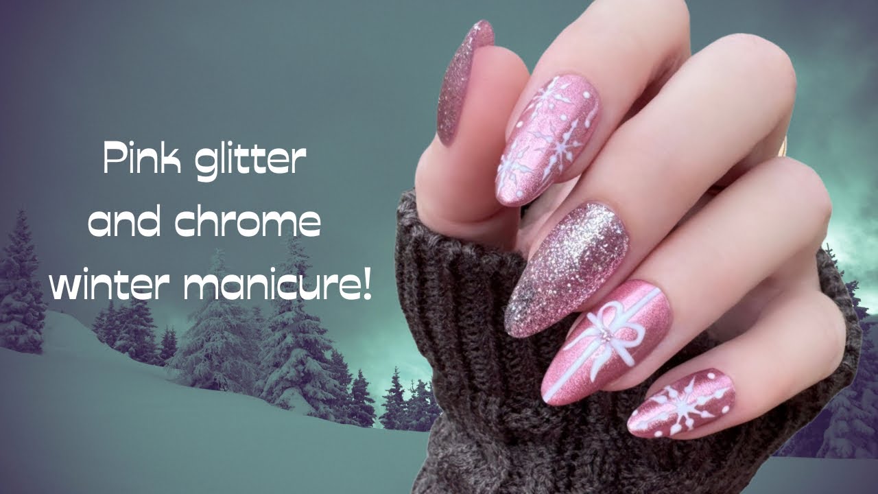 Simple Pink Chrome and Glitter Winter Nail Design