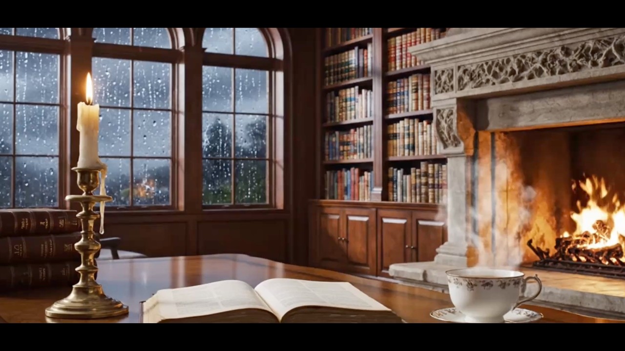 Gothic Castle Library Ambience 🏰 Rain on Window & Fireplace for Study : Focus | Dark Academia