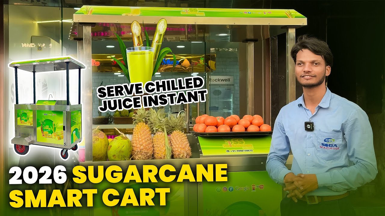 2026 का New Sugarcane 304 Cart Plus  Battery से चलने वाली ठंडा गन्ना जूस मशीन | SS Sugarcane Machine