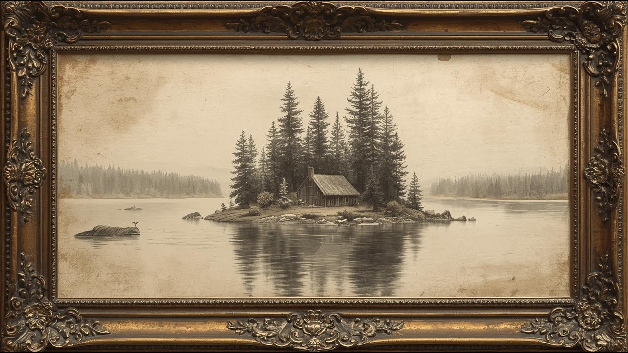 Quiet Lake, Hidden Cabin | Moody Vintage Painting | TV Art